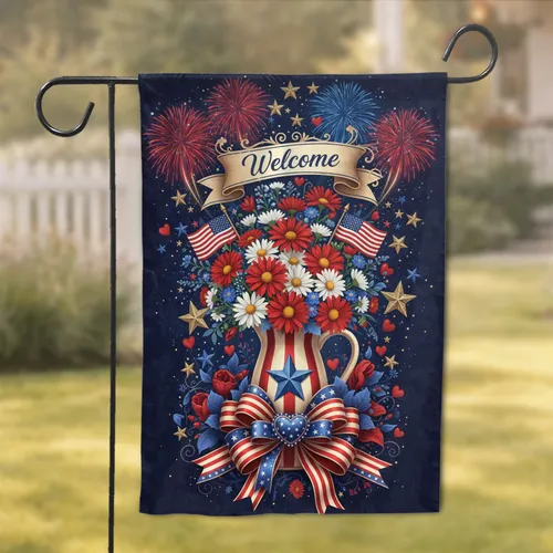 Welcome Patriotic Floral Pitcher Stars Fireworks - Independence Day Home Decor Gift Garden Flag