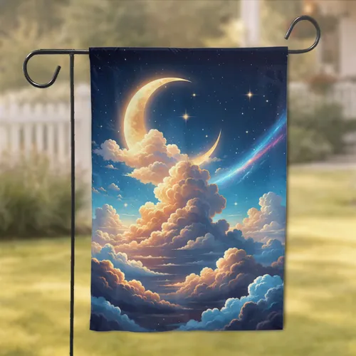 Golden Crescent Moon Celestial Clouds Night Sky - Home Decor Gift for Stargazer Garden Flag
