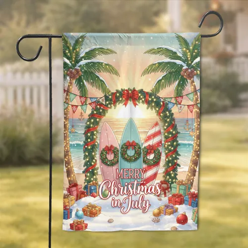MERRY Christmas in July Surfboards Tropical Beach Palm Tree Decor Garden Flag