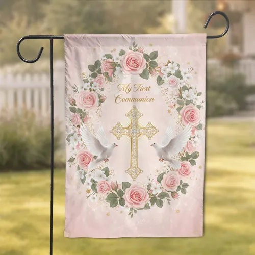 My First Communion Golden Cross Doves Pink Roses - Commemoration Gift Garden Flag