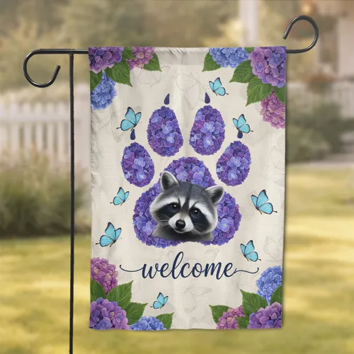 Raccoon Paw Print Purple Blue Hydrangea Welcome - Wildlife Home Decor Gift Garden Flag