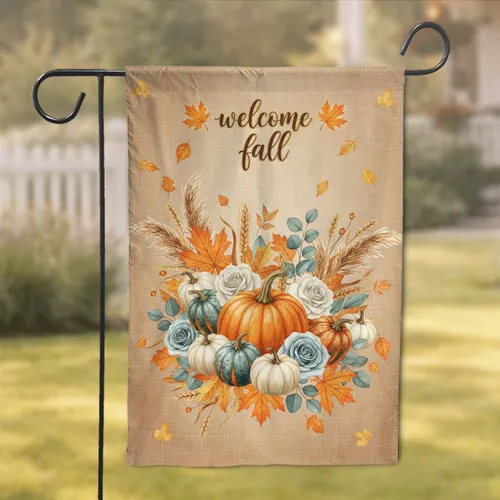 Autumn Pumpkins Welcome Fall Floral Arrangement - Farmhouse Decor Gift Garden Flag