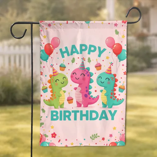 Happy Birthday Dinosaurs Balloons Cupcakes - Party Decor Gift Garden Flag