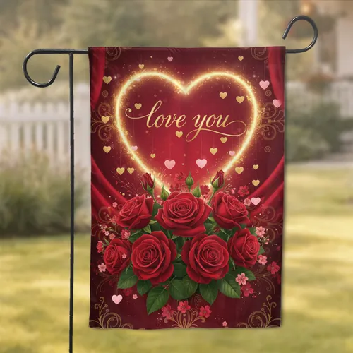 Deep Red Roses Bouquet Emerald Leaves Glowing Heart Love You Script - Anniversary Gift for Her Garden Flag