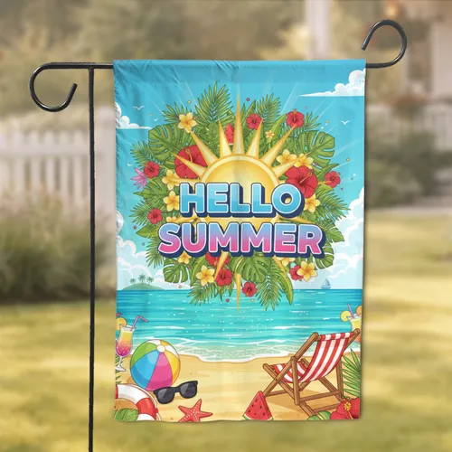 Hello Summer Tropical Sun Beach Ocean - Summer Vacation Home Decor Gift Garden Flag