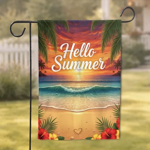 Hello Summer Tropical Sunset Beach - Summer Party Decor for Beach Lover Garden Flag