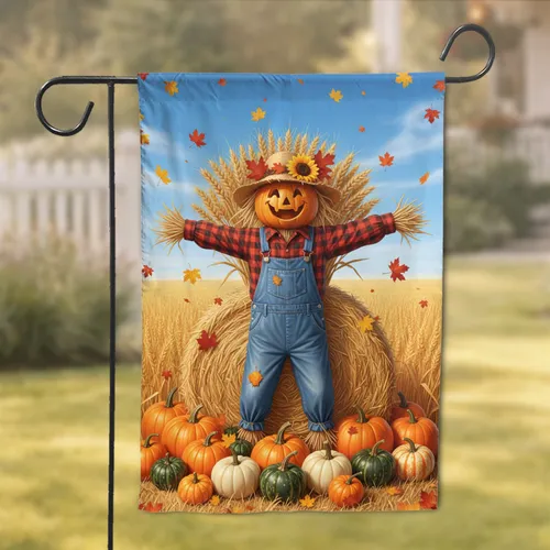 Smiling Scarecrow Pumpkin Wheat Field - Autumn Harvest Home Decor Garden Flag