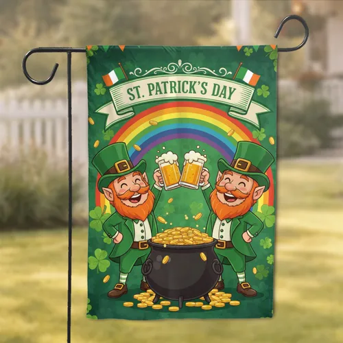 Jovial Leprechauns Gold Pot Rainbow Arching Shamrocks St. Patrick's Day Irish Celebration Garden Flag