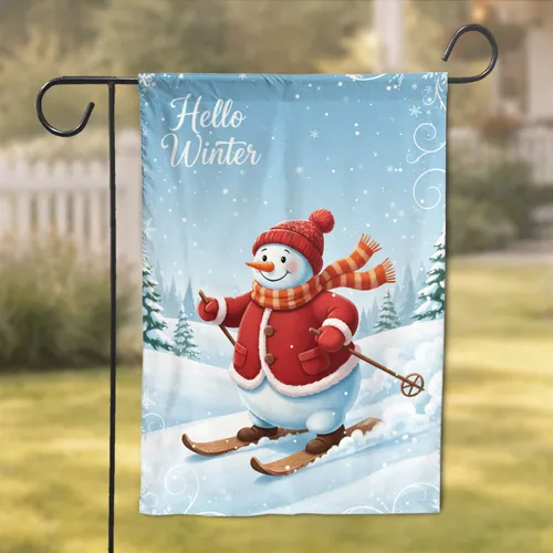 Cheerful Snowman Skiing 'Hello Winter' Snowdrifts Pine Trees - Winter Decor Gift Garden Flag