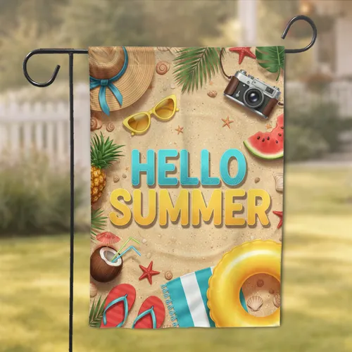 Hello Summer Beach Essentials & Tropical Treasures - Summer Vacation Home Decor Gift Garden Flag