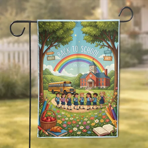 Yellow School Bus Children Learn & Grow Schoolhouse Rainbow - Back to School Gift for Students Garden Flag