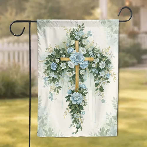 Radiant Golden Cross Blue White Botanical Foliage - Spiritual Home Decor Gift Garden Flag
