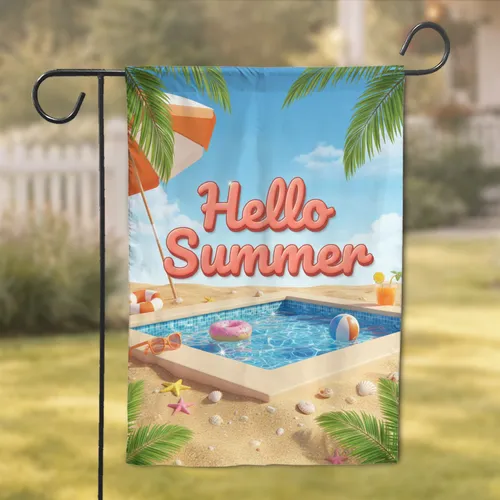 "Hello Summer" Swimming Pool Beach Scene - Summer Home Decor Gift Garden Flag