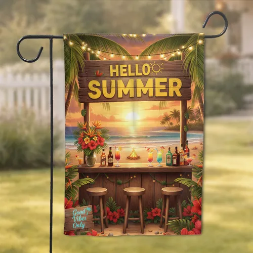 Hello Summer Beach Bar Tropical Sunset Scene - Summer Celebration Home Decor Garden Flag