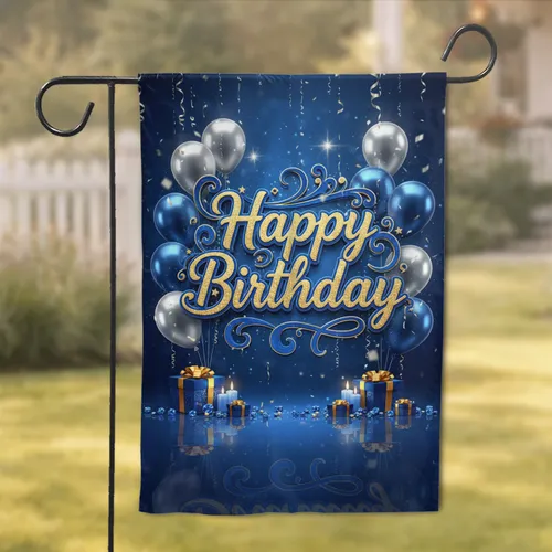 Happy Birthday Gold Script Balloons Gifts - Birthday Party Celebration Garden Flag