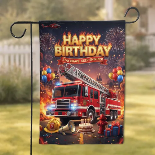 Fire Truck Birthday Firefighter Cityscape - Celebration Party Gift Garden Flag