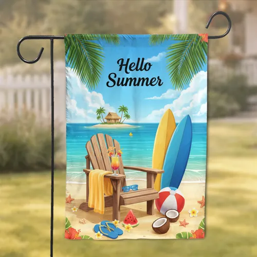 Hello Summer Tropical Beach Palm Tree Adirondack Chair Ocean - Summer Vacation Gift Garden Flag