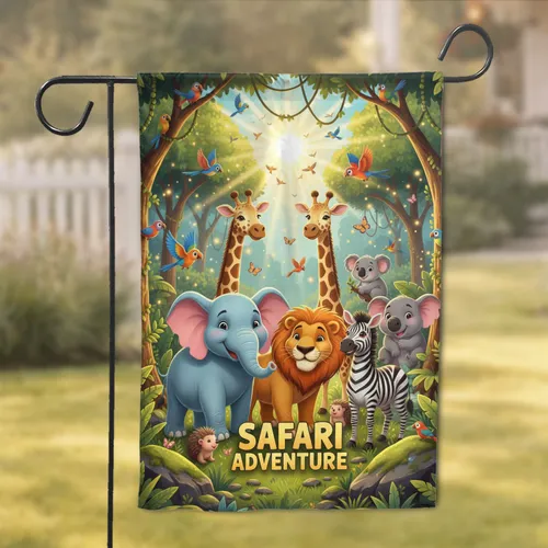 Vibrant Cartoon Safari Animals Jungle Sunburst - Wildlife Lover Home Decor Gift Garden Flag