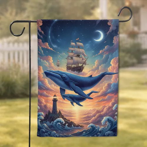 Majestic Blue Whale Sailing Ship Lighthouse Luminous Moon Dream Sky - Home Decor Gift Garden Flag