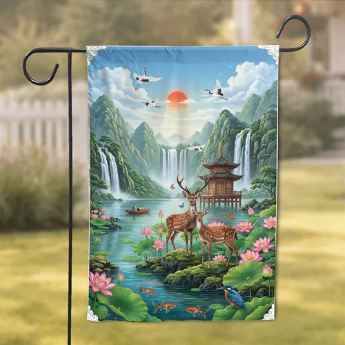 Majestic Spotted Deer Lotus Pagoda Lake Mountains Waterfalls Cranes Sun - Wildlife Home Decor Gift Garden Flag