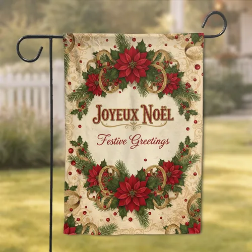 Joyeux Noël Festive Greetings Poinsettia Holly - Christmas Decor Garden Flag