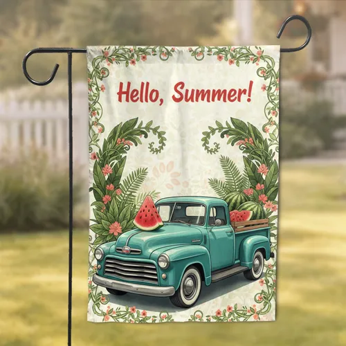 Vintage Pickup Truck Watermelon Hello, Summer! - Summer Home Decor Gift Garden Flag