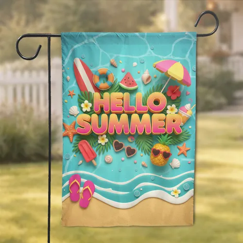 Hello Summer Tropical Beach Scene - Summer Vacation Home Decor Garden Flag
