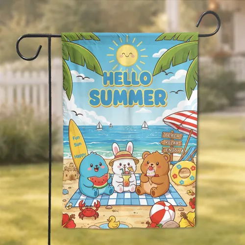 Hello Summer Cartoon Animals Beach Scene Smiling Sun - Summer Home Decor Gift Garden Flag