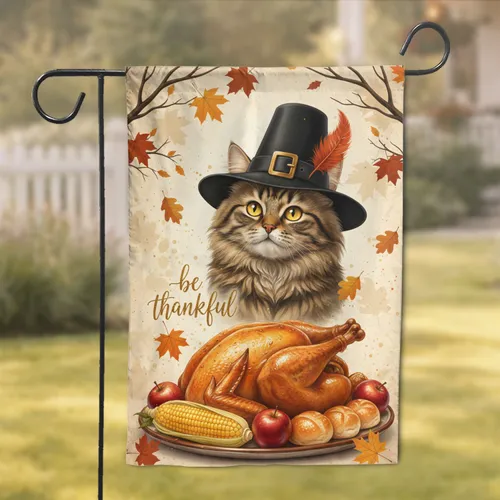 Tabby Cat Pilgrim Hat Turkey Feast Be Thankful - Thanksgiving Day Decor Garden Flag