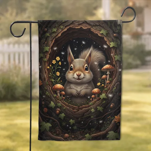 Woodland Squirrel Log Hollow with Toadstools Acorns - Wildlife Lover Gift Garden Flag
