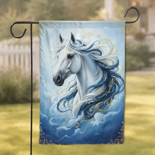 Majestic White Horse Ethereal Mane Golden Filigree - Horse Lover Home Decor Gift Garden Flag