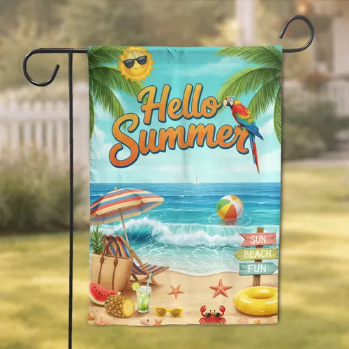 Hello Summer Tropical Beach Scene - Summer Celebration Gift for Beach Lover Garden Flag