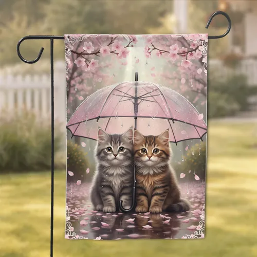 Grey Brown Tabby Kittens Pink Umbrella Cherry Blossoms - Spring Decor for Cat Lover Garden Flag