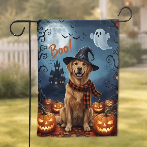Golden Retriever Witch Hat Pumpkin Haunted Mansion - Halloween Party Decor Garden Flag
