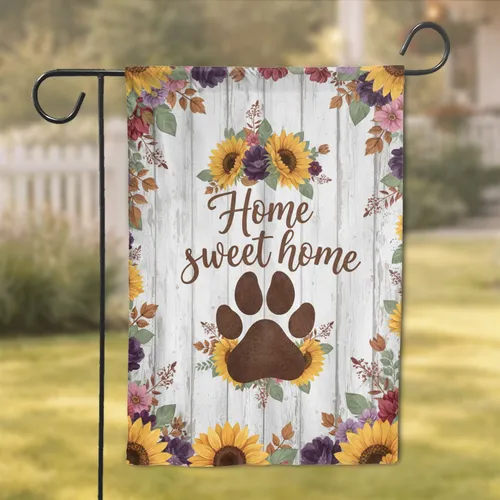 Home Sweet Home Paw Print Sunflowers Rustic Wood - Farmhouse Decor Gift Garden Flag