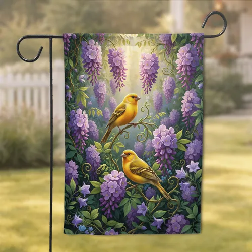 Yellow Canary Birds Purple Lavender Flowers Garden - Home Decor Gift for Garden Lovers Garden Flag
