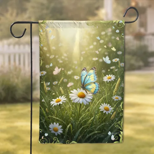Blue Yellow Butterflies White Daisies Meadow - Wildlife Lover Home Decor Gift Garden Flag