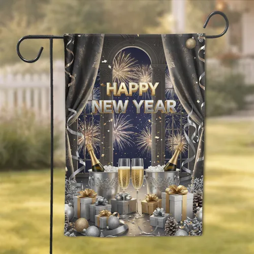 HAPPY NEW YEAR Champagne Gifts Fireworks Classical Architecture - New Year Party Decor Garden Flag