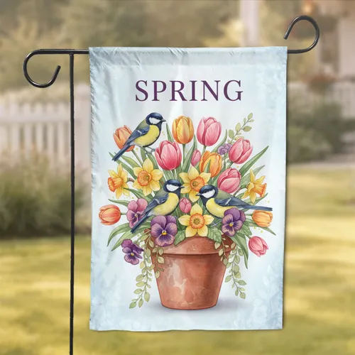 Blooming Spring Flowers Great Tit Birds Terracotta Pot - Home Decor Gift for Garden Lover Garden Flag