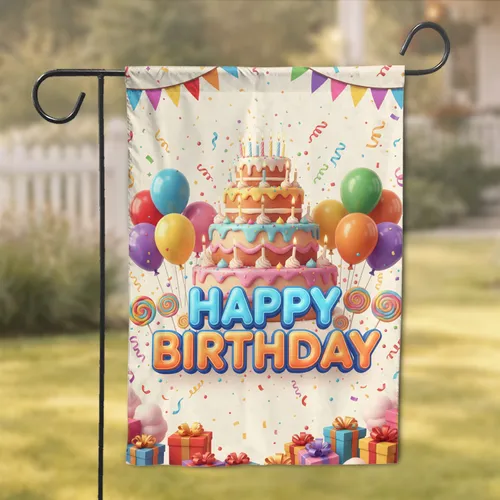 Happy Birthday Cake Balloons Gift Boxes - Birthday Party Celebration Garden Flag