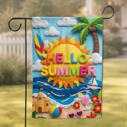 Hello Summer Sun Tropical Beach Scene - Summer Vacation Gift for Beach Lovers Garden Flag