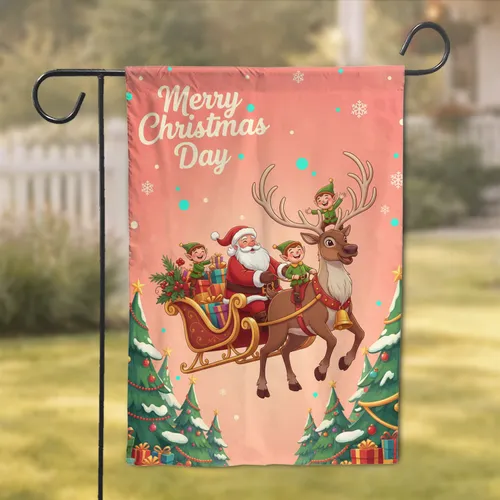 Flying Santa Sleigh Reindeer Elves Christmas Trees - Holiday Gift Garden Flag