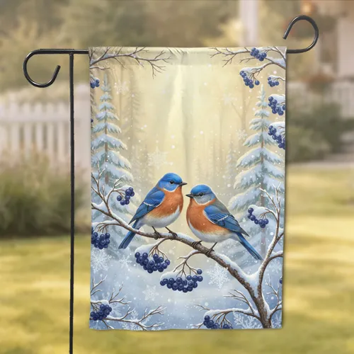 Eastern Bluebird Winter Scene Snow Berries - Wildlife Lover Home Decor Gift Garden Flag