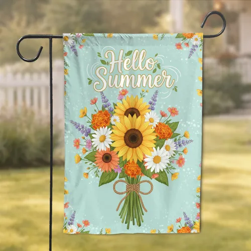 Hello Summer Floral Bouquet Sunflowers Daisies - Summer Home Decor Gift for Garden Lover Garden Flag