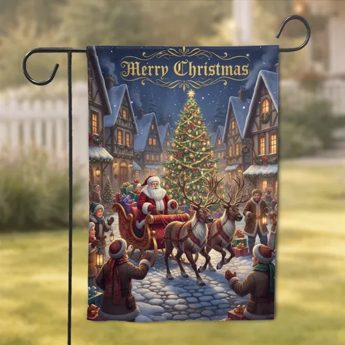 Santa Sleigh Reindeer Christmas Village - Christmas Holiday Decor Garden Flag
