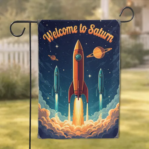 Retro-futuristic Rocket Launch Saturn Planet - Space Explorer Gift for Science Enthusiast Garden Flag