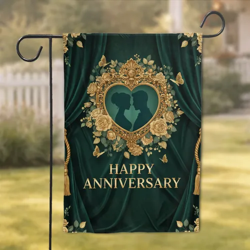 Golden Heart Man Woman Silhouettes Roses - Anniversary Gift for Couples Garden Flag