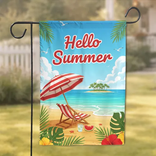 Hello Summer Beach Scene Tropical Hibiscus - Summer Season Decor Garden Flag