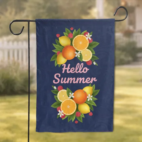 Hello Summer Oranges Lemons Raspberries - Summer Home Decor Gift Garden Flag