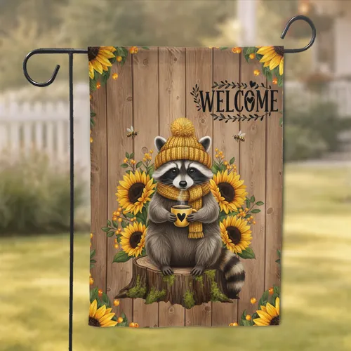 Raccoon Sunflowers Welcome - Farmhouse Home Decor Gift for Wildlife Lovers Garden Flag